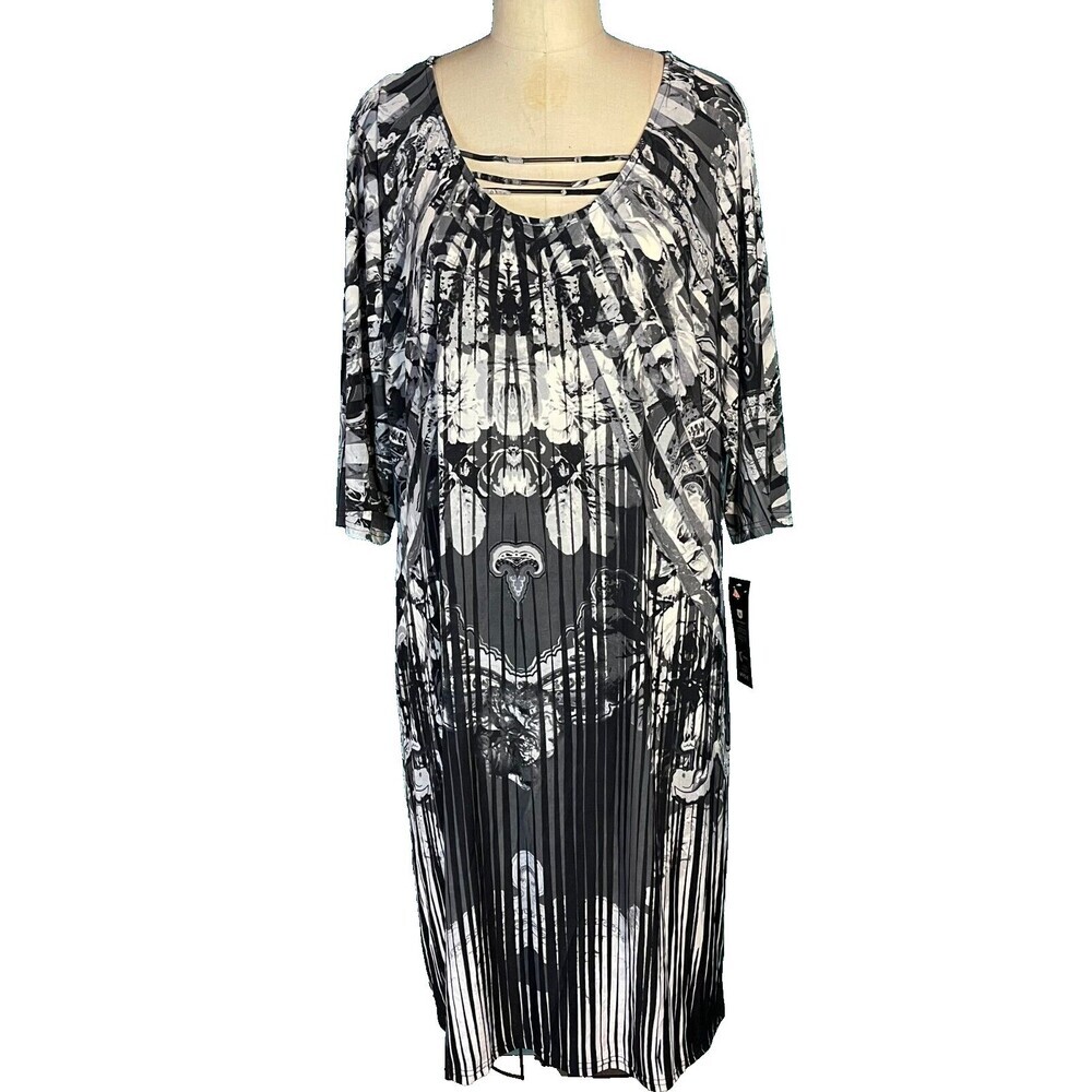 New w/Tags Miie Gabrielle Gray Abstract Printed Slinky Dress Plus 3X Pleated